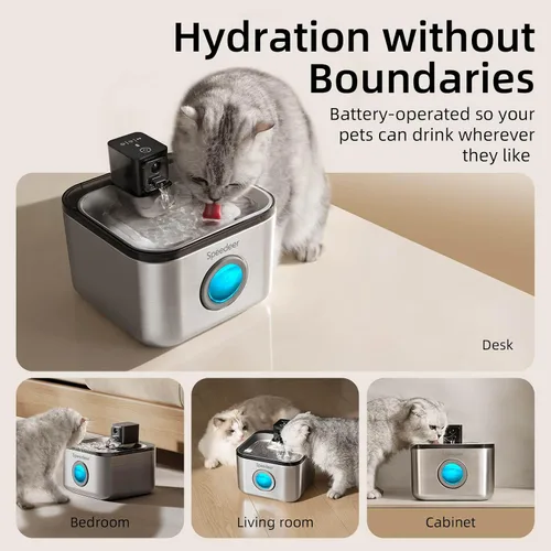 Vista 3 de Fuente de agua inalámbrica para gatos de acero inoxidable, fuente para mascotas de 135 oz/4 L, funciona con pilas, dispensador de agua corriente