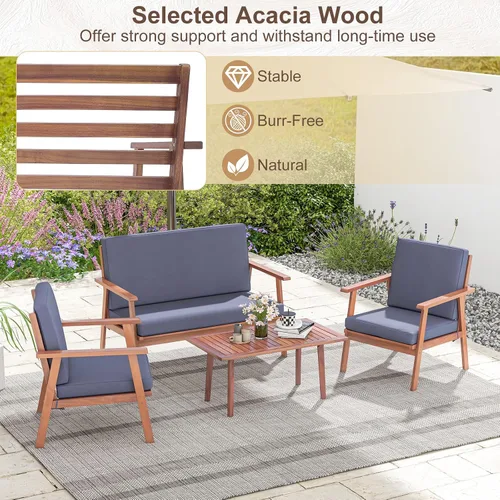 Vista 6 de Tangkula Juego de 4 piezas para conversación al aire libre, juego de sofá de madera de acacia con cojines de asiento y respaldo suaves, mesa Gris