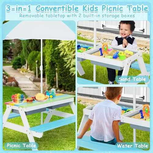 Vista 2 de Costzon Mesa de Picnic para Niños con Contenedores Sensoriales, Mesa de Arena y Agua 4 en 1 con Sombrilla de Altura Ajustable, Superficie de Mesa