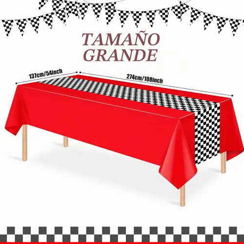 Vista 2 de Paquete de 3 manteles de plástico de auto de carreras, mantel desechable a cuadros rojos y negros, mantel rectangular a cuadros de búfalo