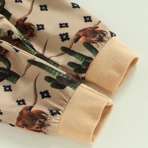 Vista 6 de Gueuusu Ropa occidental para bebé niño, sudadera con estampado de vaca, pantalones deportivos con cordón de ajuste, 2 piezas, trajes de otoño e