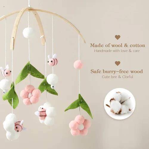 Vista 3 de OESSUF Móvil de bebé para cuna, móvil de guardería para cuna para niños y niñas, decoración de guardería con flor de abeja boho, juguete calmante