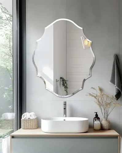 Vista 11 de Espejo de pared ovalado sin marco: Espejo decorativo elíptico de vidrio espejado para tocador con borde plateado biselado para baño, dormitorio