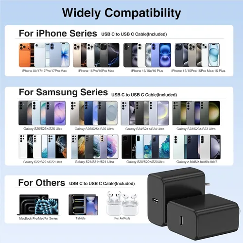 Vista 6 de Hzevn Bloque de cargador de pared rápida USB C de 60 W para teléfonos Galaxy S26 Android, paquete de 3 adaptadores de cargador súper rápido