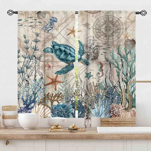 Vista 21 de Cortinas costeras, temática de playa de verano, acuarela, medusas náuticas, estrellas de mar, concha, caballito de mar, azul, opacas, cortinas