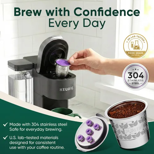 Vista 5 de Tazas K reutilizables de acero inoxidable para Keurig K-Crema, Supreme, 5 agujeros, paquete de 2 Food Grade 304 Refillable MultiStream Mesh Coffee
