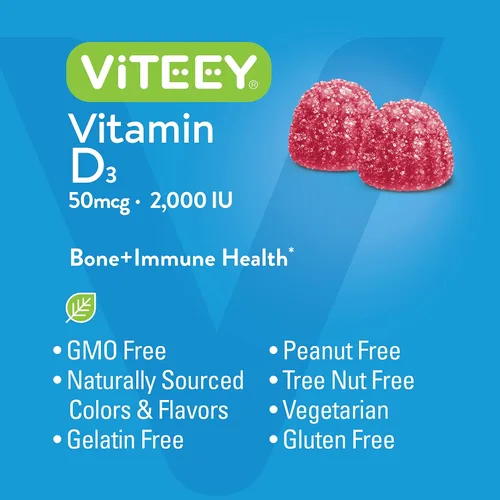 Vista 5 de Viteey Gomitas de vitamina D3 para adultos y adolescentes, 2,000 UI, 50 mcg, fuerza regular, salud muscular, refuerzo inmunológico, gomitas