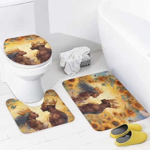 Vista 3 de Juego de alfombras de baño Afro Black King Queen Romantic Love de 3 piezas con diseño de mariposa antideslizantes para suelo de baño, suaves