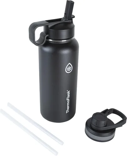 Vista 14 de Thermoflask - Botella de agua de acero inoxidable con doble aislamiento y dos tapas, 18 onzas, negro