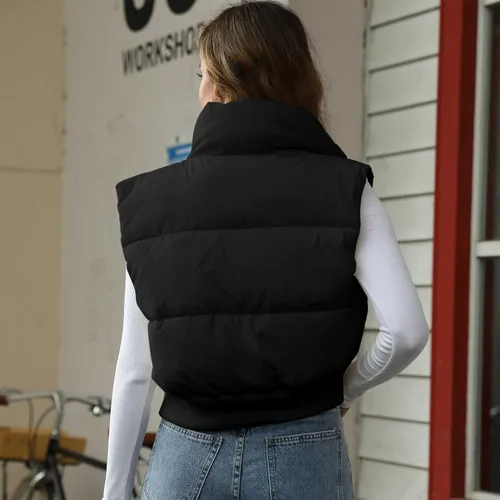 Vista 2 de Ainangua Chaleco acolchado corto para mujer, cuello alto, ligero, sin mangas, acolchado, con cremallera, ropa de abrigo