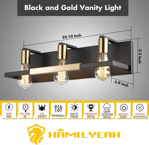 Vista 2 de Hamilyeah Lámparas de baño rústicas sobre espejo, luces de tocador negras y doradas mate para baño, 3 lámparas de pared vintage, iluminación