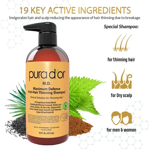 Vista 3 de PURA D'OR Champú y acondicionador de biotina antiadelgazante y terapia del cuero cabelludo revitalizador de suero revitalizador (4 onzas) con aceite