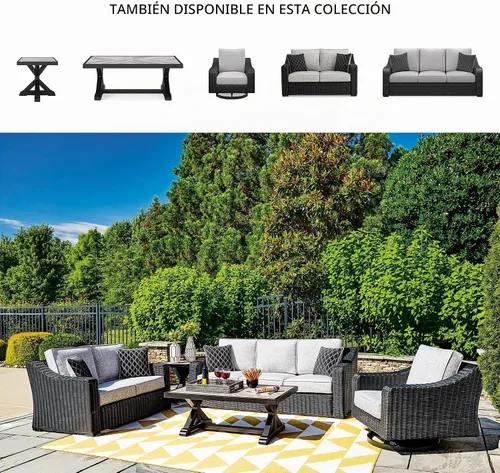 Vista 6 de Signature Design by Ashley Beachcroft - Sofá resistente a la intemperie con tela casual para interiores/exteriores con cojín y 2 cojines Negro