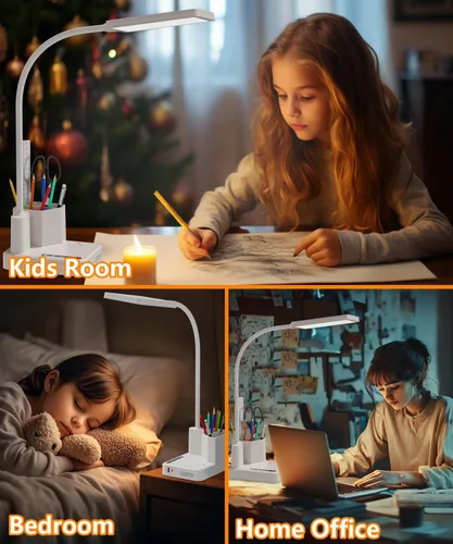 Vista 4 de Lámpara de Escritorio, Lámparas de Escritorio LED para Oficina en Casa con 2 Puertos de Carga USB/Toma de Corriente/Organizador, Lámpara