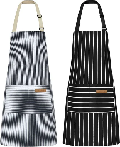 Vista 19 de NLUS Paquete de 2 delantales de cocina ajustables con babero, delantal de chef suave con 2 bolsillos para hombres y mujeres (rayas negras)