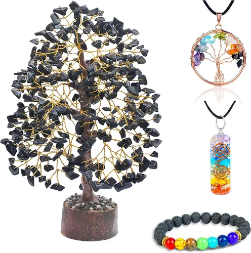 Vista 11 de Árbol de la vida de los siete chakras con cristales con pulsera y 2 colgantes – Decoración de bonsái Feng Shui con cristales curativos, regalos