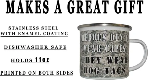 Vista 4 de Rogue River Tactical Heroes Don't Wear Capes They Wear Etiquetas de perro Taza de campamento Esmalte Camping Taza de café Regalo para veteranos