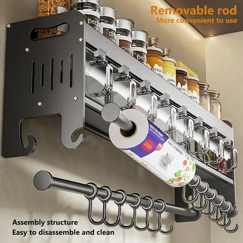 Vista 6 de Cuchillo colgante de pared para montaje en pared, taza de condimentos, estante de cuchillos que ahorra espacio con ganchos, organizador de cocina