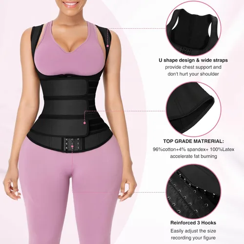 Vista 5 de Lover-Beauty Chaleco de entrenamiento de cintura para mujer, 3 cinturones, faja de entrenamiento con 9 huesos de acero, 3 ganchos, Negro