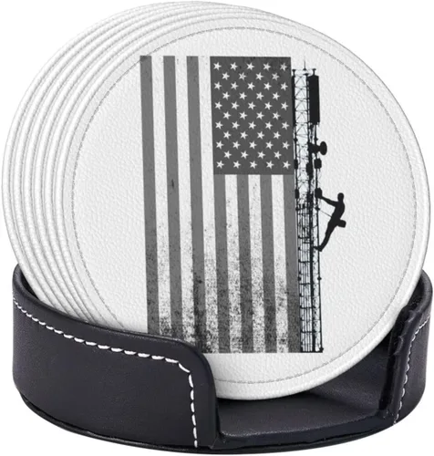 Vista 14 de Juego de 6 posavasos con soporte para electricista con bandera estadounidense, tapete de piel sintética para cocina, bar, mesa, escritorio
