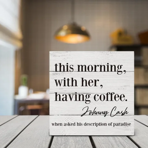 Vista 5 de HOIJAUMAI Letrero de madera con texto en inglés "This Morning with Her Having Coffee" (This Morning with Her Having Coffee) Letrero de madera