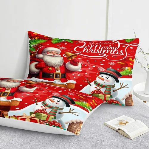 Vista 4 de Juego de edredón navideño de 4 piezas Papá Noel con copo de nieve blanco y rojo, juego de edredón con impresión de Navidad, festival de Navidad