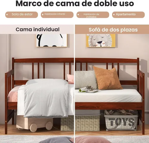 Vista 6 de Giantex - Marco de cama doble de día, sofá cama de madera con rieles y soporte de listones de madera, marco de cama de plataforma tamaño individual