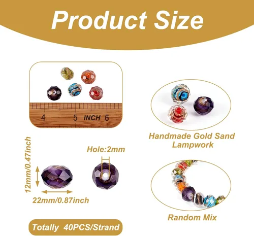 Vista 2 de Craftdady Cuentas de vidrio facetadas de arena dorada de 0.47 pulgadas Millefiori, cuentas sueltas redondas con agujero de 0.039 in para fabricación