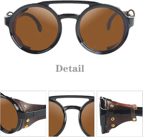 Vista 5 de KEITHION Gafas de sol redondas vintage estilo steampunk para hombres y mujeres con lentes laterales de cuero