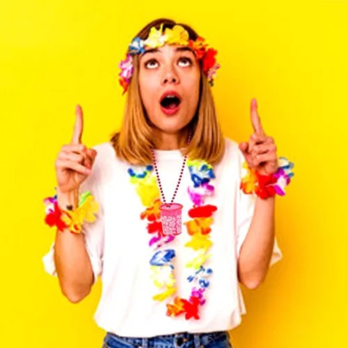 Vista 3 de Fun Express Collares hawaianos de cristal de chupito Luau a granel, 12 unidades de hibisco hawaiano Luau, recuerdos de fiesta hawaiana, Hula Aloha