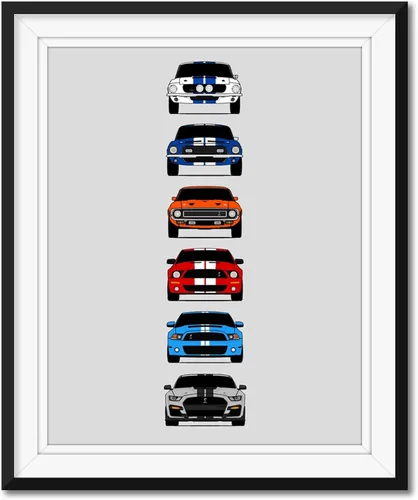 Vista 10 de Custom Car Posters Póster hecho a mano compatible con Shelby Mustang GT500 Generations e impresión de Ford Shelby GT500, azul con rayas blancas