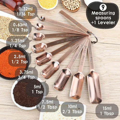 Vista 9 de Juego de tazas y cucharas medidoras de cobre, juego de tazas y cucharas medidoras de acero inoxidable, taza métrica y estadounidense 7 medida y 9