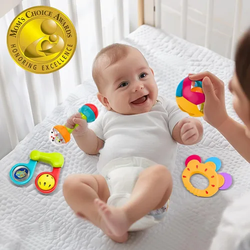 Vista 6 de iPlay, iLearn Juego de 10 sonajeros para bebés, juguetes, sonajero fácil de agarrar y sacudir, mordedor sensorial, juguete musical de aprendizaje