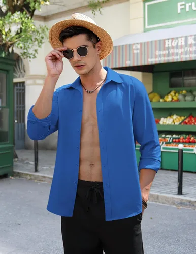 Vista 3 de COOFANDY Camisas de lino de manga larga con botones para hombre