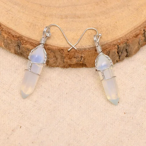 Vista 18 de Pendientes de cristal de punta envuelta en alambre de piedra pulida para mujer Reiki Energy Healing