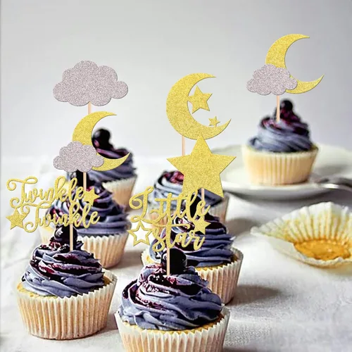 Vista 6 de Rsstarxi Paquete de 36 adornos para cupcakes con purpurina de luna, nubes y nubes, para baby shower, cumpleaños, boda, fiesta, suministros de Diseño