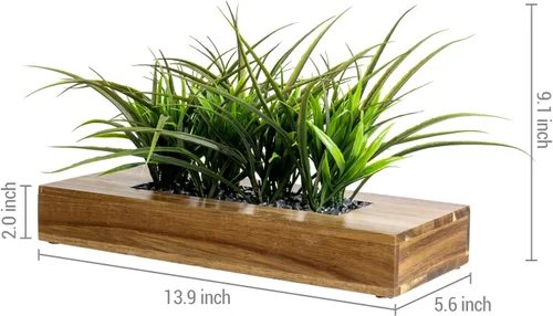 Vista 5 de MyGift - Grandes plantas artificiales de césped verde en maceta de 14 pulgadas en caja de madera maciza de acacia premium rectangular, centro
