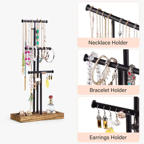 Vista 4 de Love-KANKEI Soporte organizador de joyas con base de metal y madera y almacenamiento grande para collares, pulseras, aretes, organizador negro