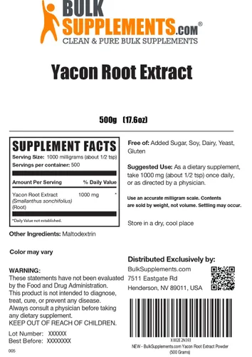 Vista 6 de BulkSupplements. com Yacon Extracto de raíz en polvo, sustituto del azúcar, edulcorante de fibra natural, sin gluten, 0.04 oz por porción, 17.64 oz