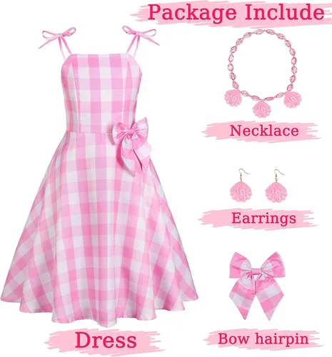 Vista 2 de Disfraz de heroína de la película para niños, vestido rosa, disfraz de Halloween, traje de fiesta con collar, aretes, horquilla