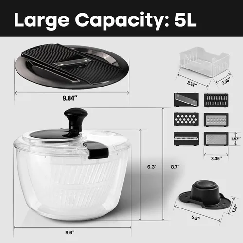 Vista 3 de Joined Centrifugadora Grande para Ensaladas y Cortadora de Mandolina 6 en 1, Centrifugadora de Lechuga Multiuso con Drenaje, Tazón y Colador