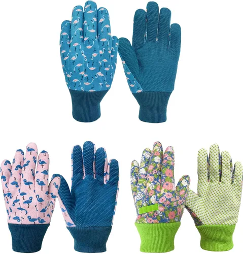 Vista 9 de Paquete de 3 pares de guantes de jardín para niños, guantes de jardinería para niños pequeños, regalos medianos para edades de 4 a 5 años, estilo 1