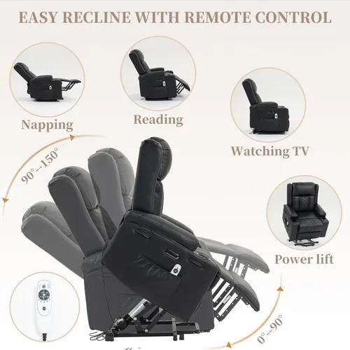 Vista 3 de Silla reclinable eléctrica para personas mayores con masaje por vibración y calefacción lumbar, sofá individual eléctrico de piel sintética
