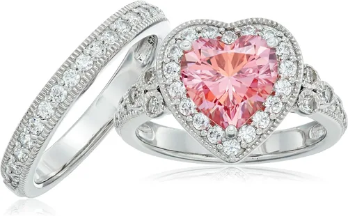 Vista 2 de Set de anillo corazón, dos piezas, de plata esterlina bañada en platino, estilo antiguo, de color sofisticado, con circonia de Swarovski.