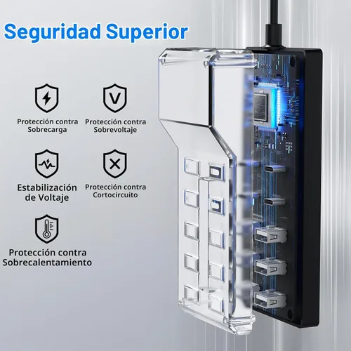 Vista 3 de Bloque de Cargador USB C de 10 Puertos (6 Puertos USB-A y 4 Puertos USB-C), Hub de Cargador Multipuerto de 50W10A para iPhone, Galaxy, iPad y Más