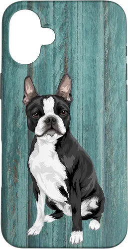 Vista 23 de Boston Terrier Faux Blue Wood Background Case for iPhone 17