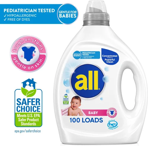 Vista 2 de all Baby, Detergente líquido para ropa de bebé, suave para bebé, hipoalergénico para pieles sensibles, concentrado, 75 onzas, 100 cargas