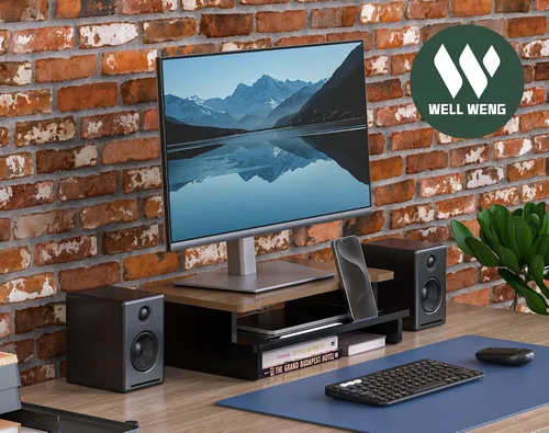 Vista 7 de Soporte elevador de monitor para escritorio, estante de escritorio de madera, organizador de almacenamiento con soporte para teléfono y tableta