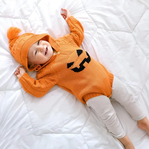 Vista 2 de mimixiong Body unisex de manga larga para bebé, suéter de calabaza, sudadera con capucha, color naranja