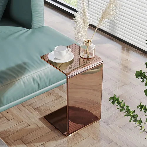 Vista 2 de Mesa auxiliar en forma de C de acrílico marrón, 25,6 EN C en forma de mesa auxiliar para sofá Mesa auxiliar acrílica multiusos en C, mesa auxiliar